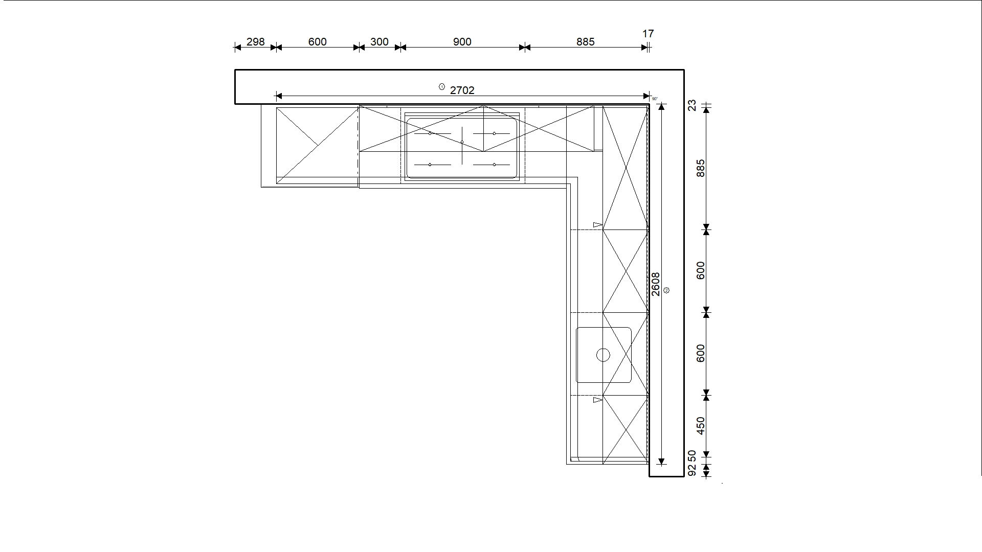 Grundrißplan der Küche mit Maßen